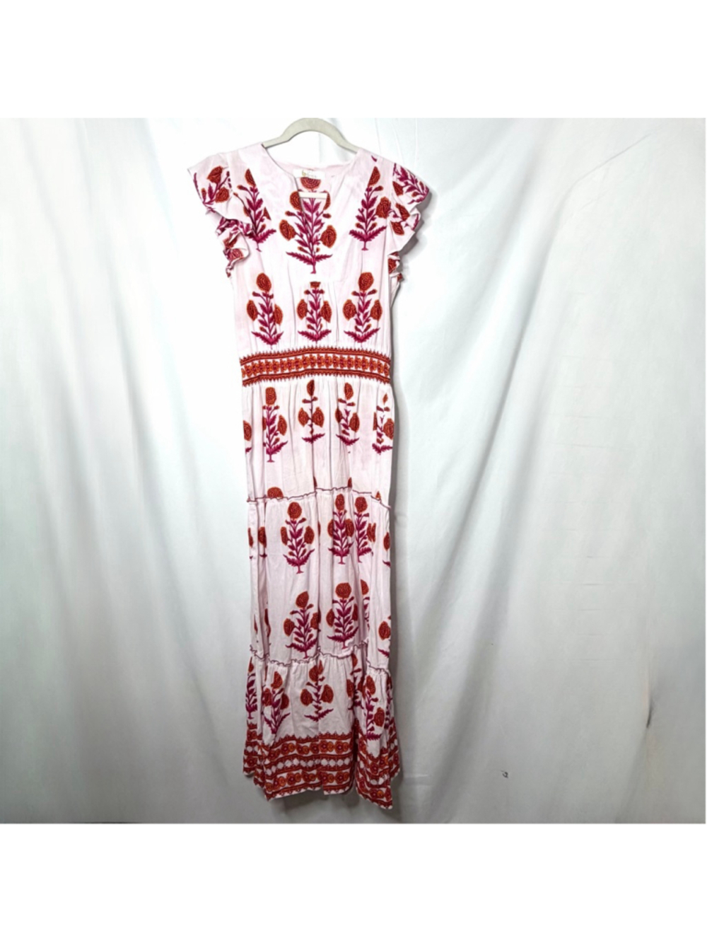 LBindu Pink Orange Floral Cotton Ruffle Sleeve Maxi Dress Small